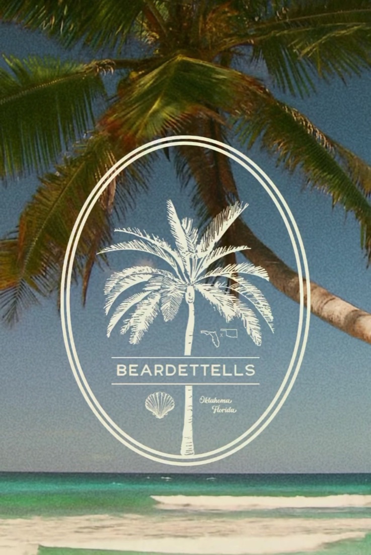 Beardettells palm tree logo over a beach photo