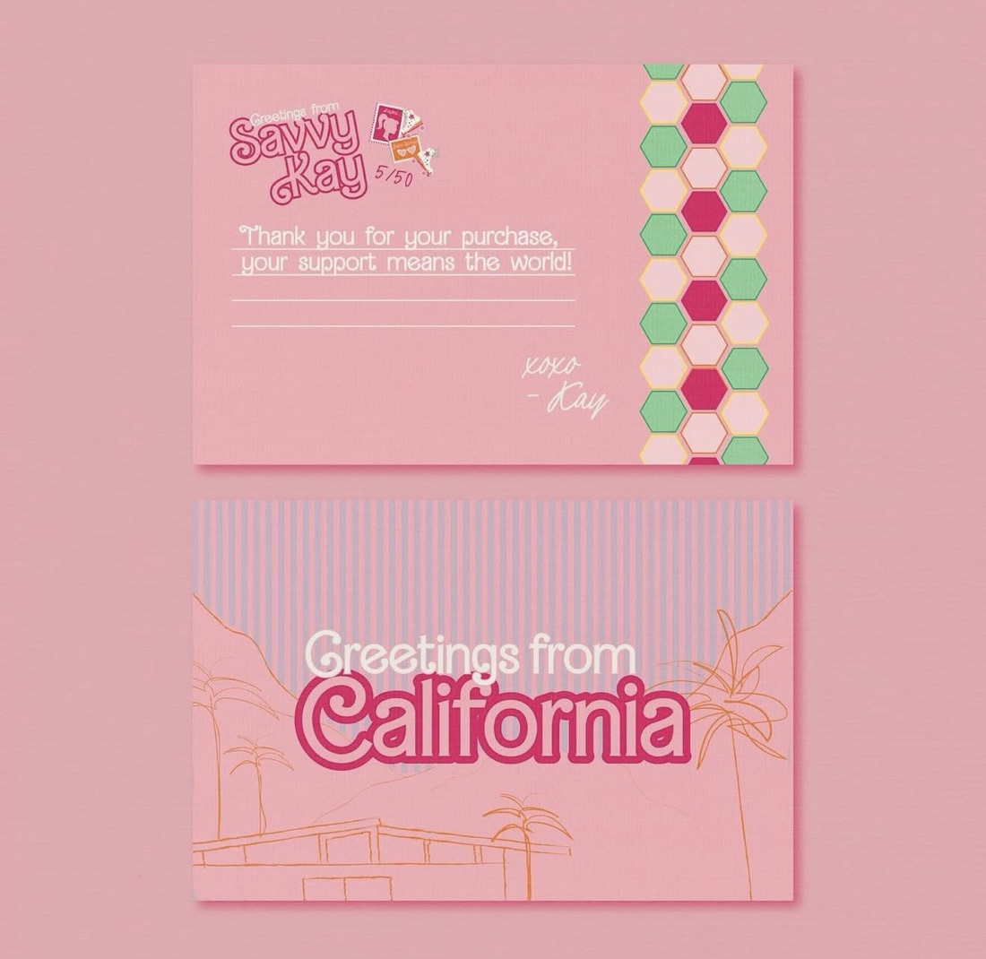 Savvy Kay thank-you card and Greetings from California postcard in pink